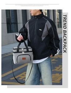 Detail of grey double-layer insulated lunch bag with shoulder strap and side mesh pocket