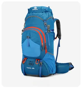 Detail view of 80L hiking backpack showing durable blue nylon and ergonomic straps