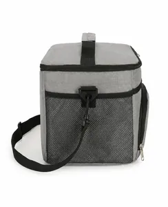 Seitenansicht der grauen Isoliertasche mit Netztasche und verstellbarem Schultergurt
