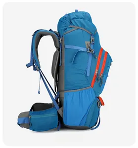 Side view of 80L hiking backpack showing ergonomic padded straps and side pockets