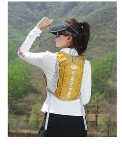 Close-up of lightweight yellow hydration backpack with professional VANAHEIMR outdoor gear logo
