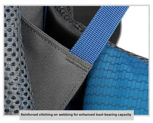 Close-up of reinforced bartack stitching on blue webbing for extra backpack durability