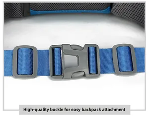 Detail of high-quality buckle and blue nylon strap on outdoor hiking backpack