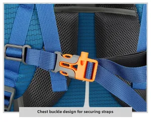 Close-up of tactical chest buckle with emergency whistle on outdoor hiking backpack straps