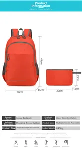 Size guide for lightweight foldable outdoor backpack with water-resistant fabric details