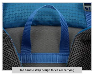 Detail of reinforced top carry handle and breathable mesh padding on hiking backpack