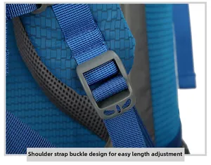 Close-up of adjustable strap buckle on blue hiking backpack with breathable mesh back padding