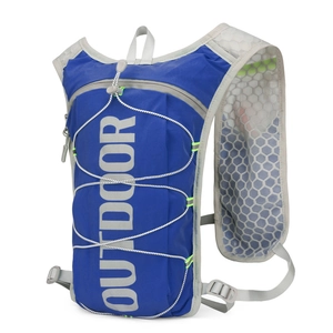 Blue nylon hydration running backpack with reflective outdoor logo and mesh straps