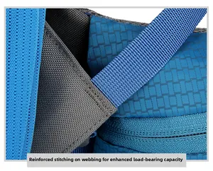 Detail of reinforced stitching and high-density webbing on 80L blue hiking backpack