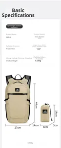 Detailed dimension guide for water-resistant hiking backpack showing 44x27x14cm size