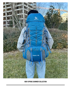 Rear view of a 60L outdoor hiking backpack with ergonomic support and blue-grey color design
