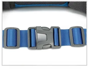 Detail of high-quality plastic quick-release buckle and blue nylon strap on 80L hiking pack