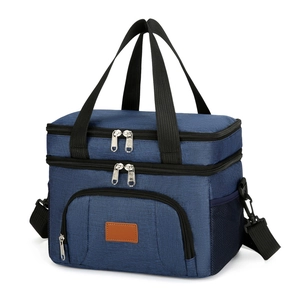 Double-layer dark blue oxford thermal bag for picnics with shoulder strap and mesh pocket