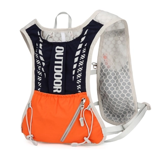 Breathable blue and orange running vest backpack with OUTDOOR print and honeycomb mesh