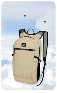 Detailed view of beige lightweight backpack featuring waterproof zipper and AZELA logo