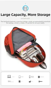 Internal storage detail of orange foldable backpack showing gadgets and clothing capacity