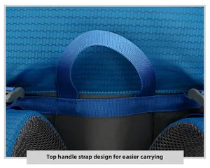 Detail of the blue 80L hiking backpack showing the durable top handle and ripstop nylon texture
