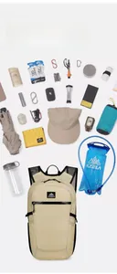 Outdoor backpack shown with organized camping gear like water bladder and trekking tools
