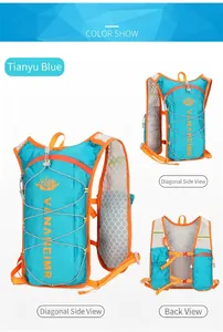 Detail view of the sky blue hydration vest featuring orange piping and breathable mesh