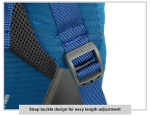 Close-up of the adjustable shoulder strap buckle on the 80L blue outdoor hiking backpack