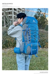 Detail view of 60L outdoor hiking backpack with ergonomic straps and blue-grey design
