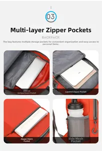 Detail view of red foldable backpack with multi-layer zipper pockets and laptop compartment