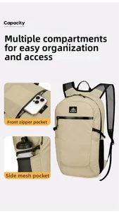 Detail view of khaki hiking backpack showing storage compartments and side mesh pocket