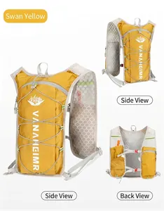Detailed views of yellow hydration vest with breathable honeycomb mesh and reflective strips