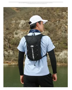 Macro shot of outdoor sports hydration pack showing breathable mesh and logo