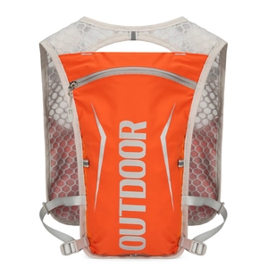 Bright orange outdoor hydration vest pack with breathable grey mesh for running
