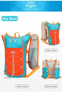 Detail view of the sky blue cycling backpack with breathable mesh and reflective strips