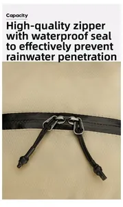 Close-up of waterproof zippers and tear-resistant fabric on hiking backpack