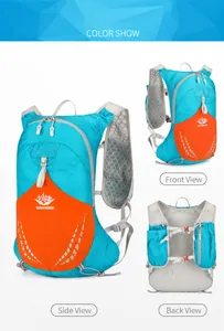 Vue en trois angles du sac à dos d'hydratation bleu ciel avec mesh respirant au dos