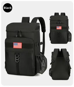 Display a tre viste di uno zaino termico nero con toppa bandiera USA e spallacci imbottiti