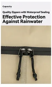 Detalle de cremalleras dobles resistentes al agua con cinta de sellado negra en mochila de exterior