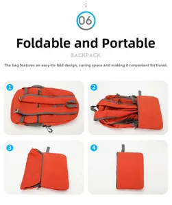Detailed four-step guide showing how to fold the orange lightweight travel backpack