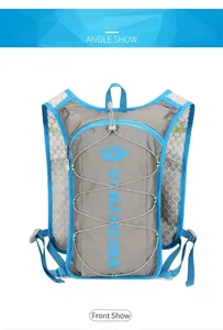 Front view of grey and blue hiking backpack with bungee cords and nylon texture