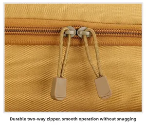 Dettaglio di cerniere metalliche a due vie con cordini su una borsa termica outdoor