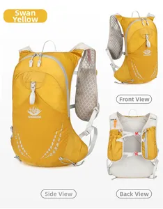 Vues avant, latérale et arrière d'un gilet d'hydratation jaune cygne avec mesh respirant