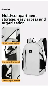 Hiking backpack detailing multiple storage compartments, side mesh pocket and front zipper