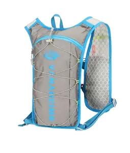 Detailed side view of a gray lightweight hydration vest with breathable mesh and blue accents