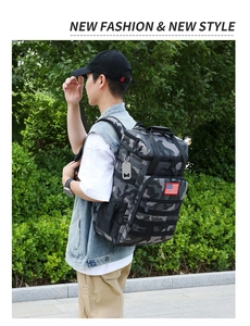 Detail des Camouflage-Kühlrucksacks mit US-Flaggen-Patch und integriertem Flaschenöffner
