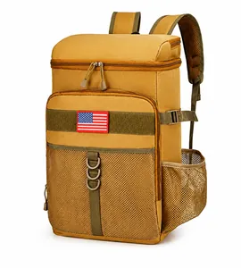 Vista laterale dello zaino termico tattico kaki con patch bandiera USA e spallacci a rete