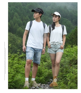Outdoor hikers wearing white T-shirts and shorts with high-capacity trekking backpacks