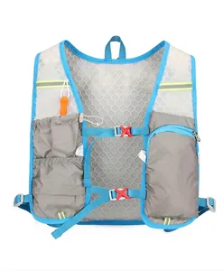 Back view of hiking backpack with white hexagonal breathable mesh and safety whistle