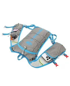 Flat lay of lightweight running hydration vest with breathable mesh and reflective strips