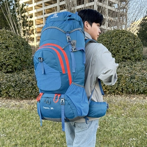 80L large capacity blue hiking backpack with orange trim and ergonomic waist support