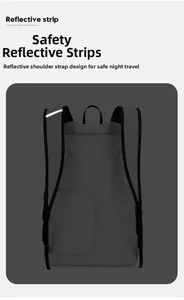 Close-up of the backpack shoulder strap featuring a bright white safety reflective strip