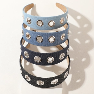 Women's denim headbands with silver metal eyelets in light, medium, dark blue and black