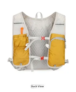 Detail view of the breathable mesh back and yellow reflective strips on the running vest